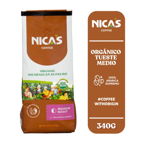 Café Molido Nicas Supremo Café con Origen 100% Arábico, Orgánico Tueste Medio - 340g