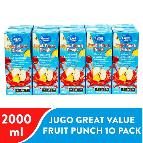 Jugo Great Value sabor fruit punch, 10 pack - 2000 ml