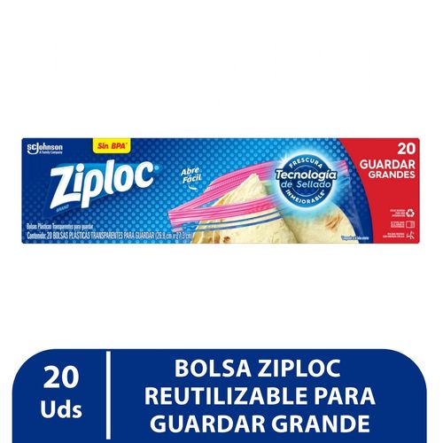 Bolsas Ziploc Reutilizables para Guardar Alimentos con doble cierre, 1 Paquete con 20 Bolsas de Tamaño Grande