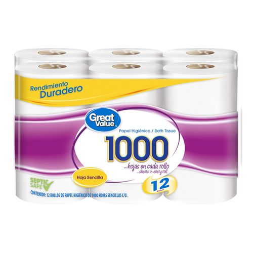 Papel Higiénico Great Value 1000 Hojas Sencillas - 12 Rollos