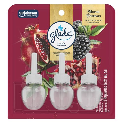 Aromatizante Glade Edición Limitada Aceites Naturales Moras Festivas 3 Repuestos 63ml